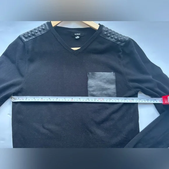 Rudsak black pullover sweater with leather pocket and leather shoulder patches - Picture 3 of 5
